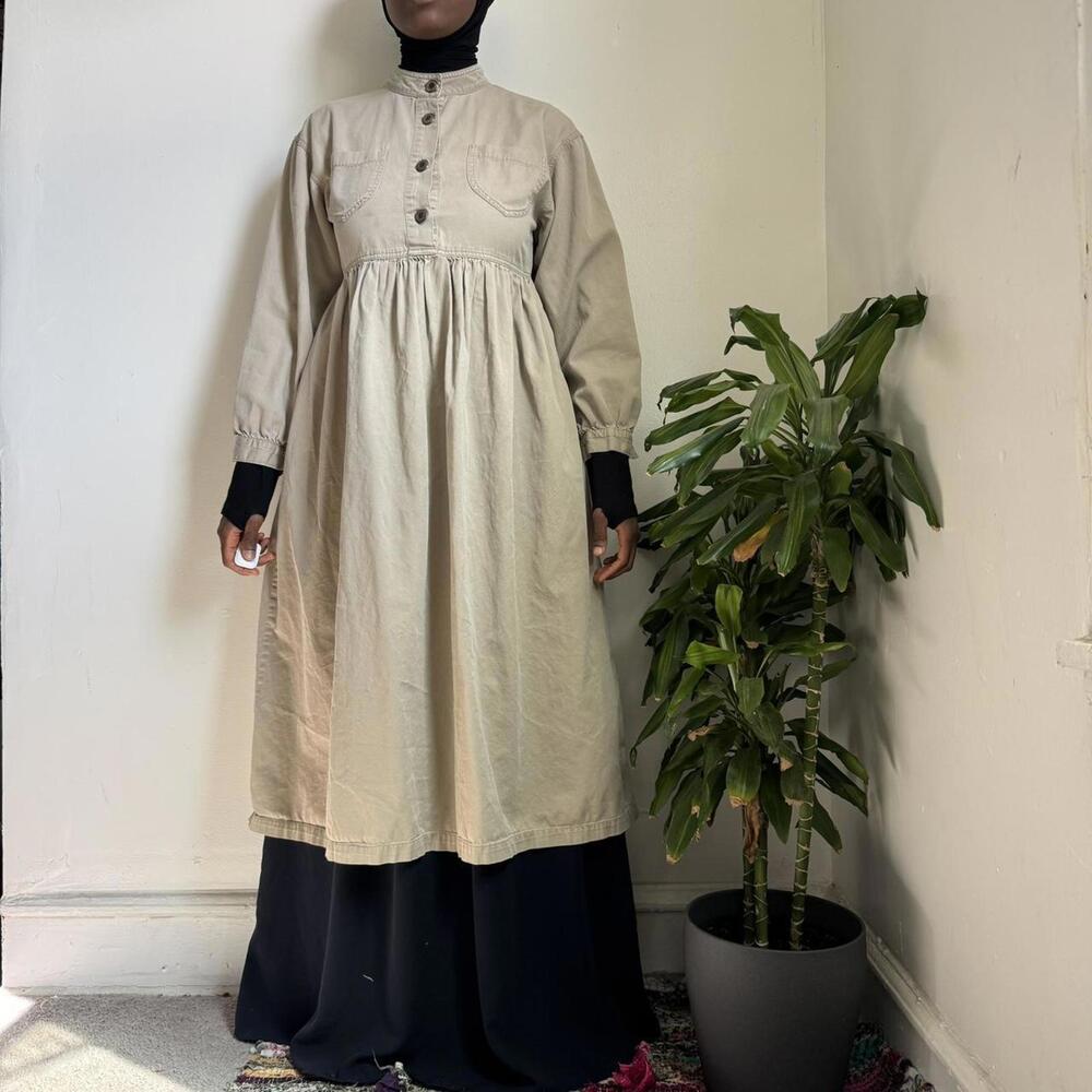 Vintage 90s New York Style Khaki Twill Smock Dress